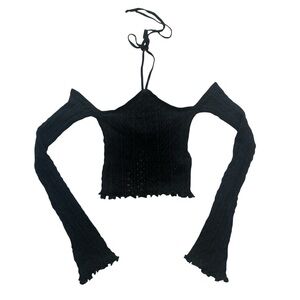 Stradivarius Black Ribbed Crop Top with‎ Long Sleeves Size XS